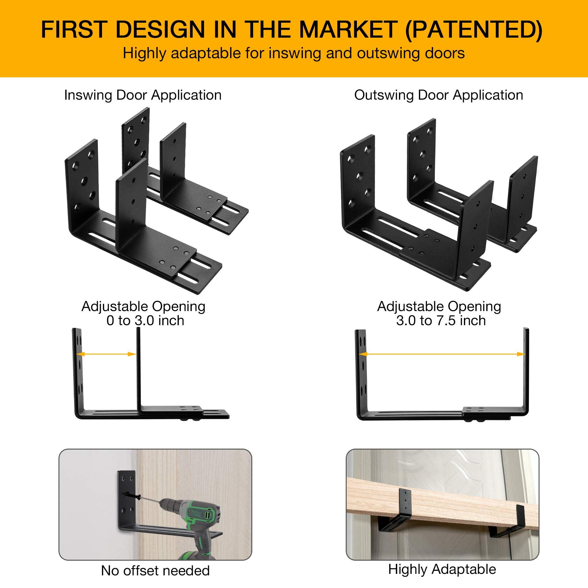 Adjustable Door Barricade Brackets (2pcs)-Drop Open Bar Holder for Security Door Reinforcement Steel U Bracket for outswing and inswing Doors or Gates