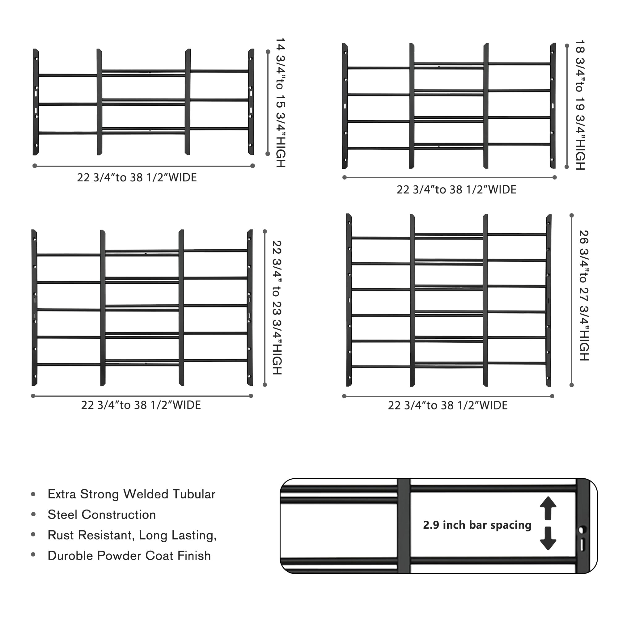 Grisham AWG Fixed Window Security Bars, (Black, 3Bars)14''H x 22''- 38''1/2 Adjustable Width Window Safety Guards for Children, Tubular Steel, Rust Resistant
