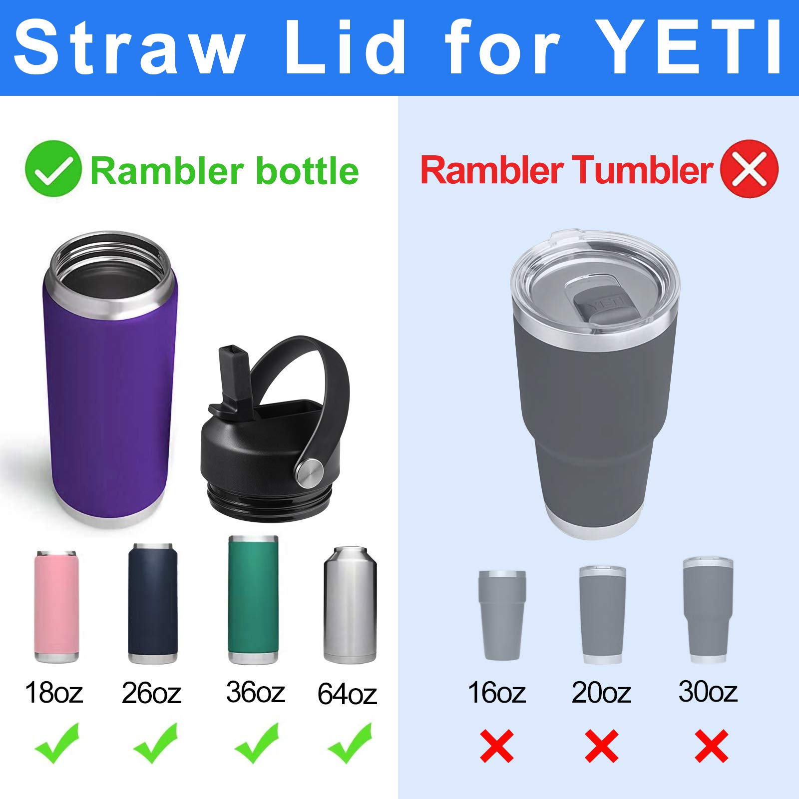 FLORAPELL Straw Lid for Yeti Rambler 18 26 36 46 64 oz, Lid with Straws and Flexible Handle, Replacement Cap for Yeti 18oz 26oz 36oz 64oz Rambler Water Bottle Straw Cap, Black