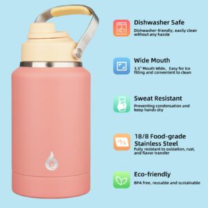 BJPKPK 64oz Insulated Water Bottles, Dishwasher Safe Half gallon Water Bottle with Metal Handle, BPA Free Spout Lid & Detachable Bowl, Large Stainless Steel Water Jugs, Pink