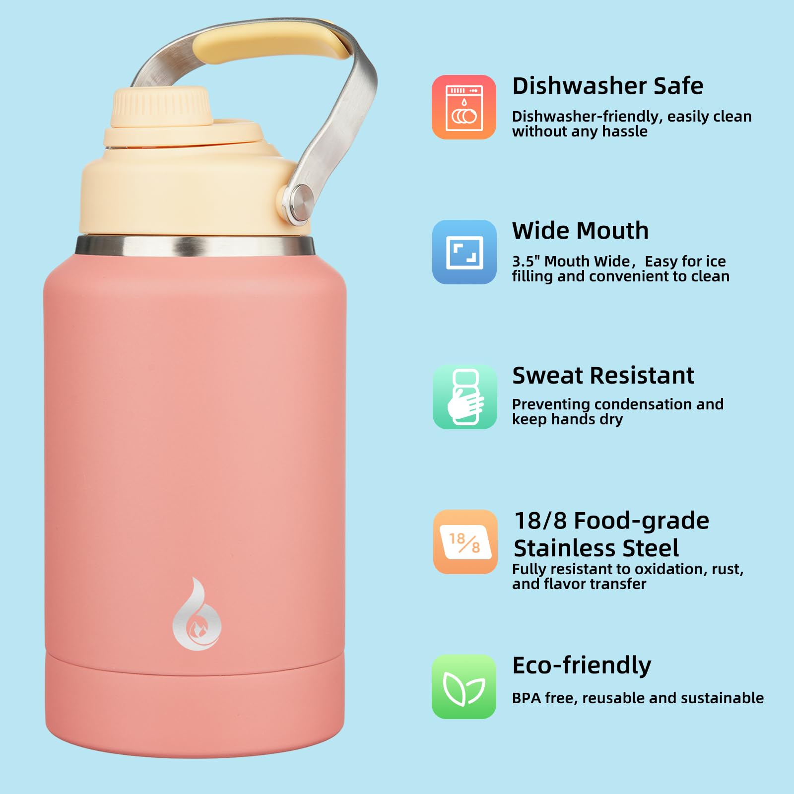 BJPKPK 64oz Insulated Water Bottles, Dishwasher Safe Half gallon Water Bottle with Metal Handle, BPA Free Spout Lid & Detachable Bowl, Large Stainless Steel Water Jugs, Pink