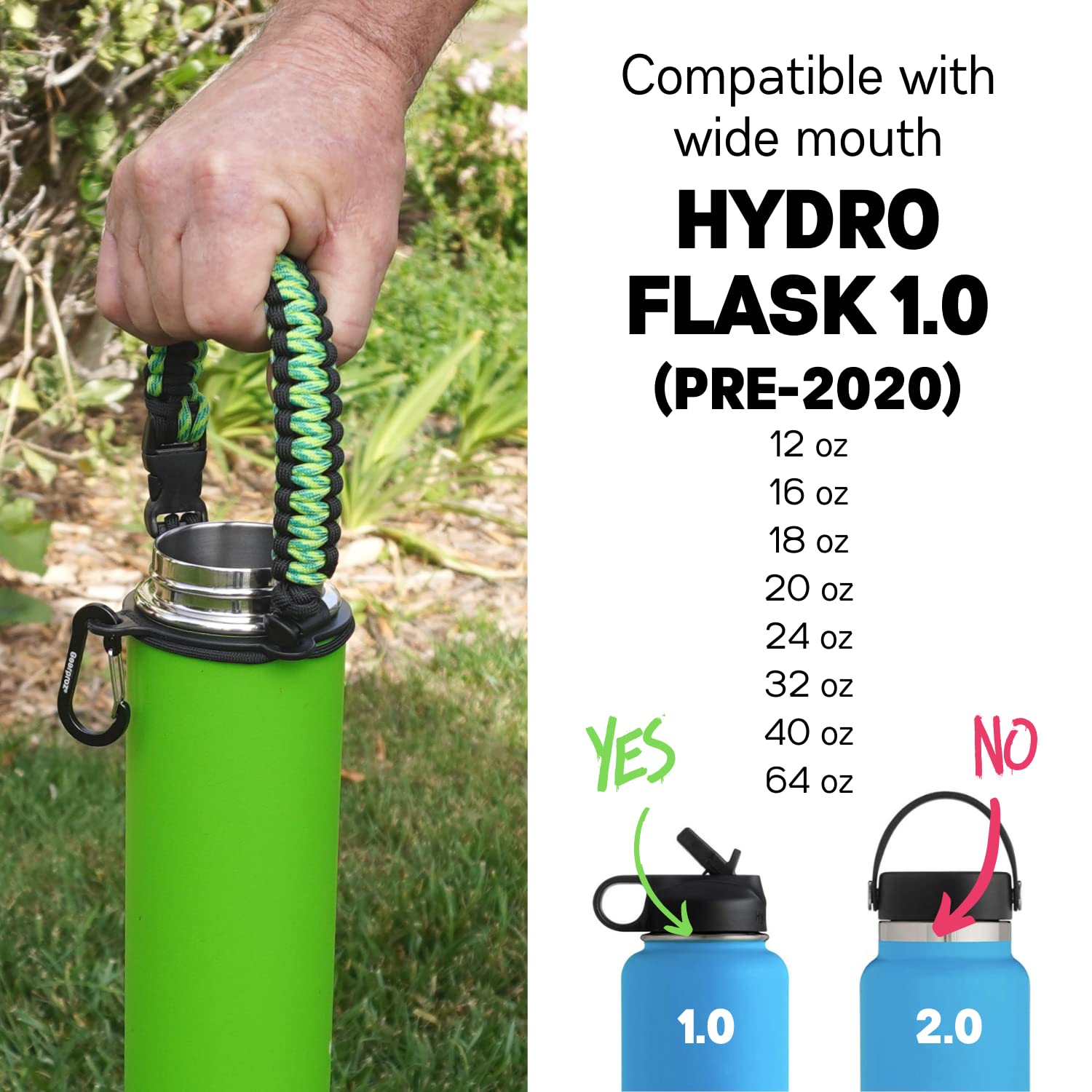 Gearproz HydroCord Handle for Hydro Flask Water Bottles, Wide Mouth Hydroflask 1.0, Iron Flask, Thermoflask and Takeya Reusable Water Bottles, Paracord Survival Strap, 25 Colors (Black)