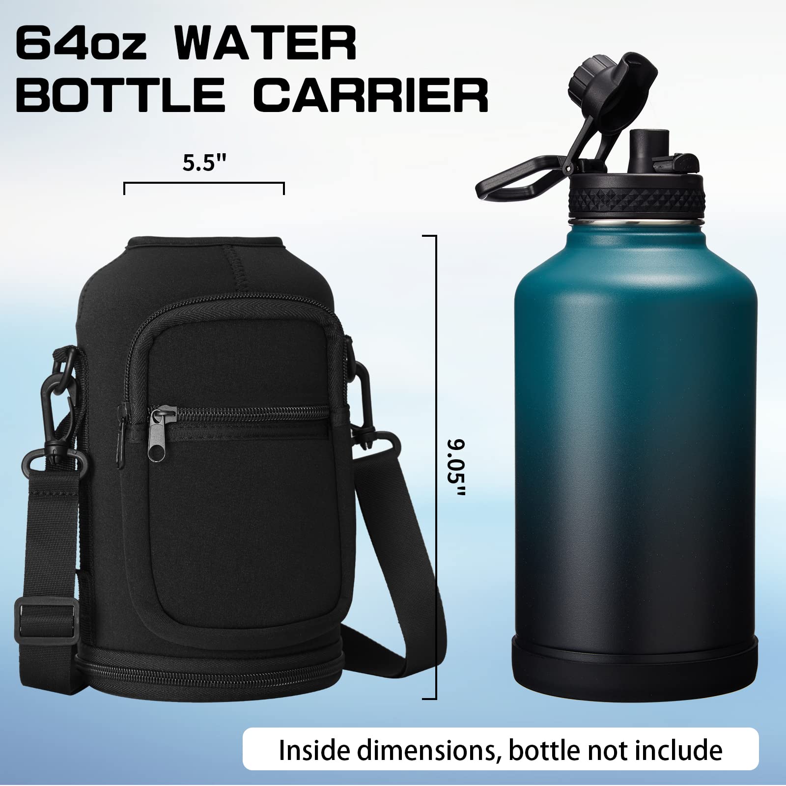 Water Bottle Sleeve with Pocket & Strap - 64 oz Insulated Water Bottles Carrier Bag with Strap, 2 Zip Pockets Neoprene Pouch, Water Jug Holder for Camping Travelling, Flask Accessory Carrying Case