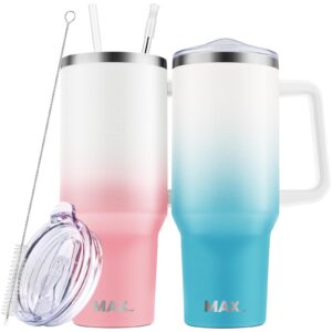 maxbase 40 oz tumbler with handle and straw lid, insulated reusable stainless steel travel mug keeps drinks cold up to 34 hours, 100% leakproof bottle for water, iced tea or coffee, smoothie - 2 pack