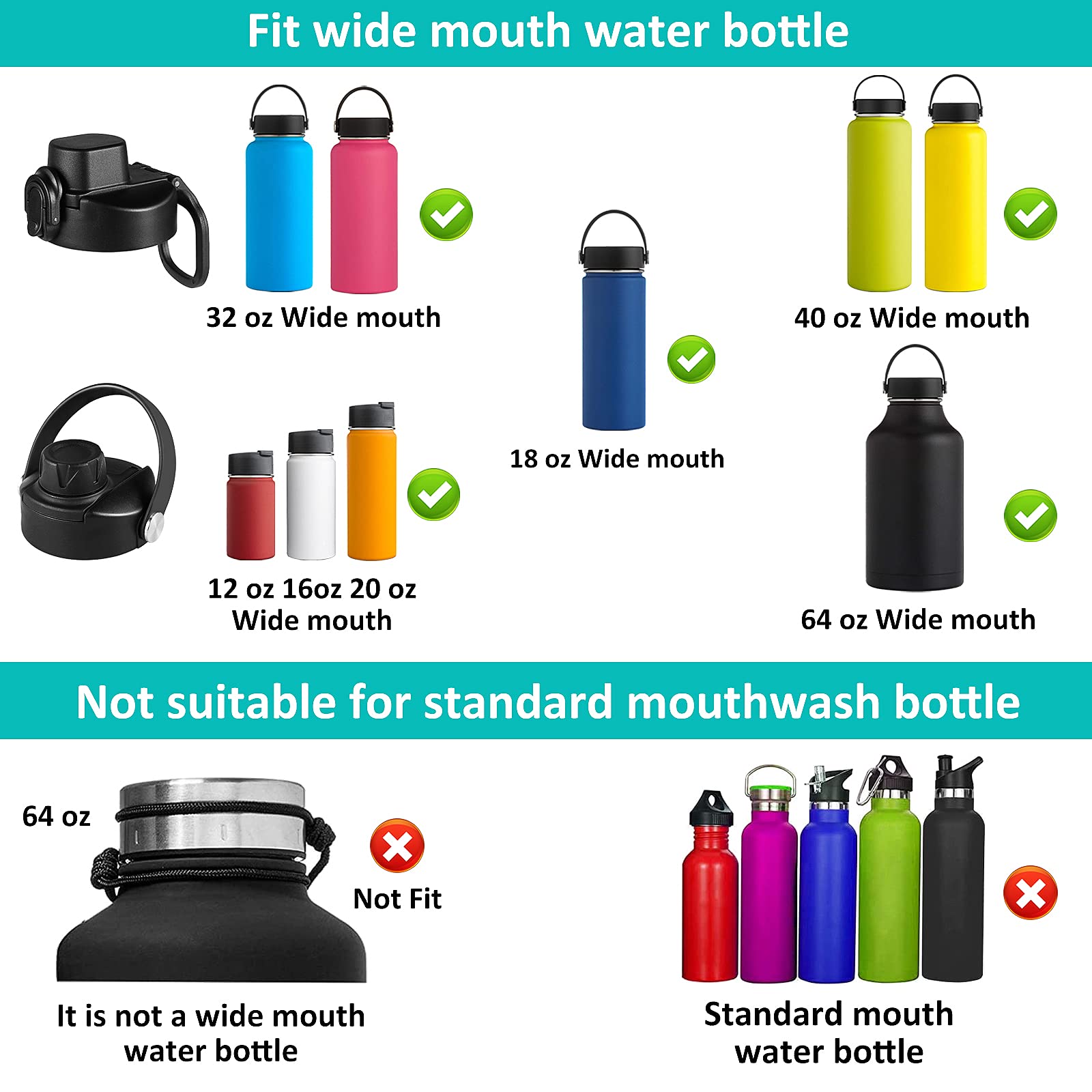 Vmini Push-Button Flip Lid, Compatible with Hydro Flask Wide Mouth Water Bottle, Wide and Rotating Handle, Easy to Carry - Leak-Proof, Compatible with Most Wide Mouth Water Bottles