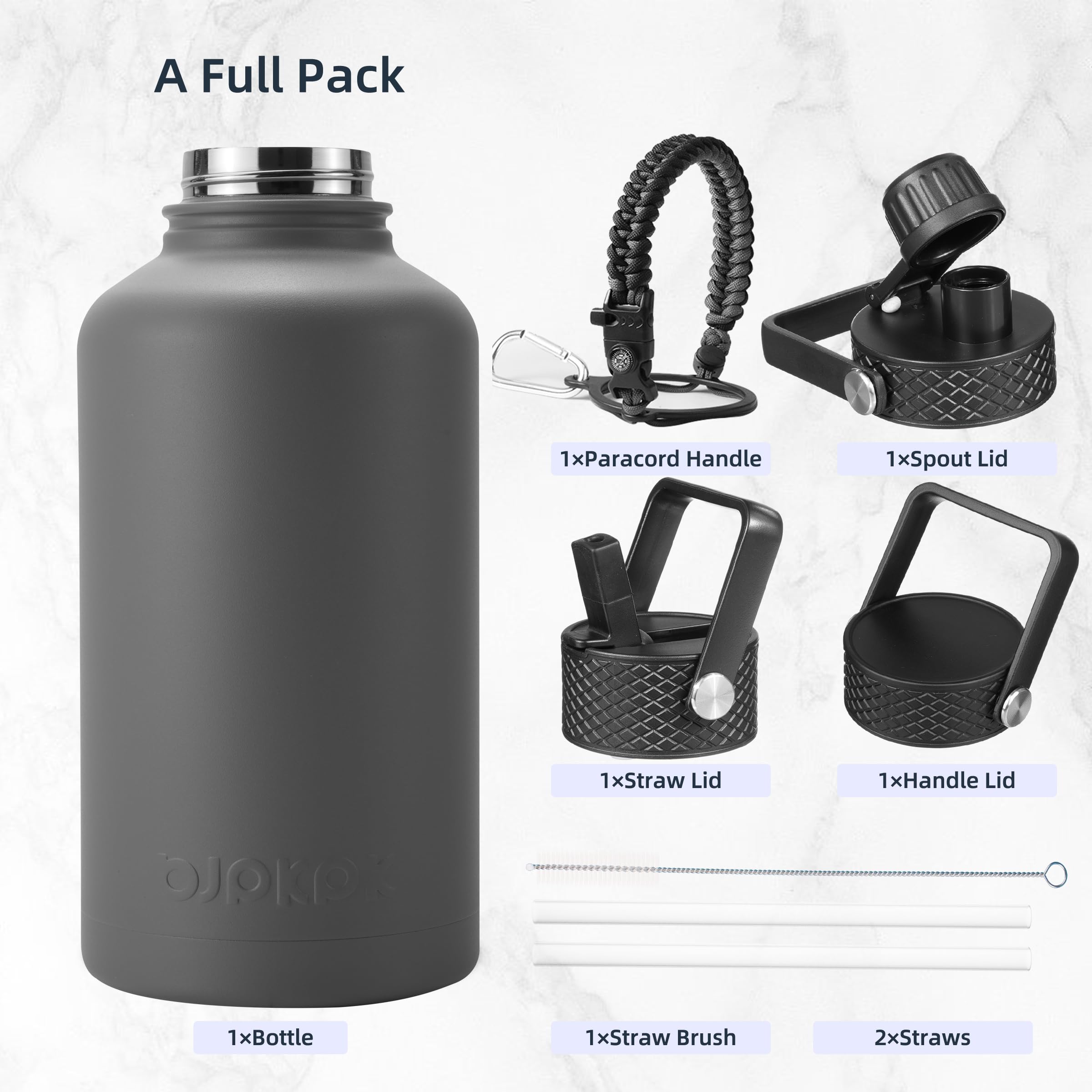 BJPKPK Half Gallon Insulated Water Bottles with Straw Lid,64oz Large Water Bottle,Stainless Steel Water Bottles with 3 Lids and Paracord Handle, Water Bottle for Hot & Cold Liquid,Gray