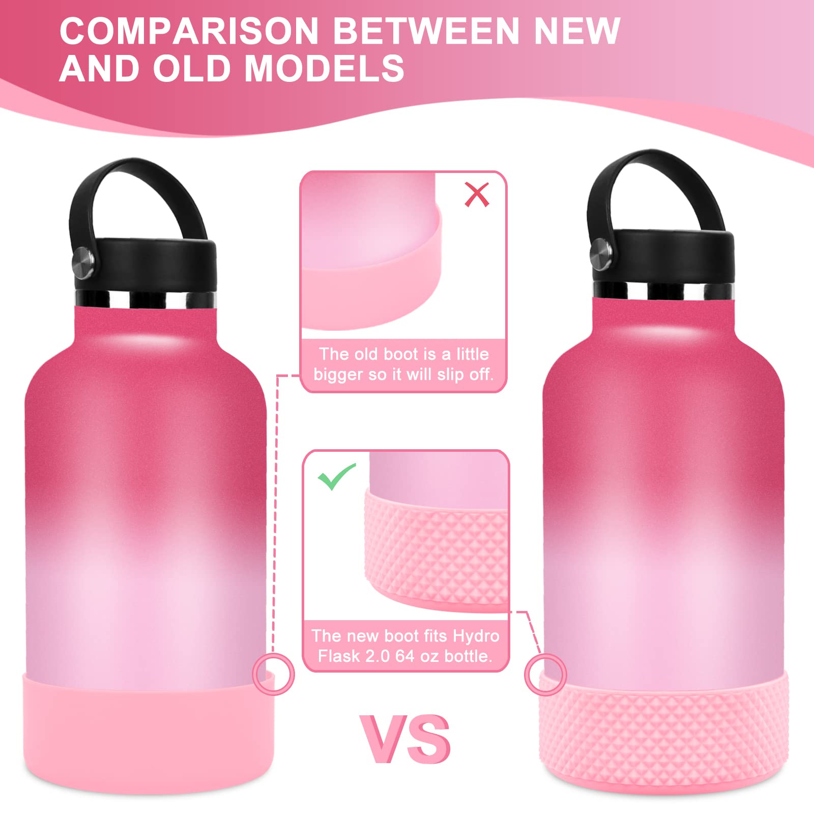 GLINK Bottle Boot, Compatible with Hydro Flask 2.0 Wide Mouth 64 oz Water Bottle and Others, Protective Silicone Bottom Sleeve Cover, Anti-Slip Flex Boot with Diamond Texture (Light Pink)