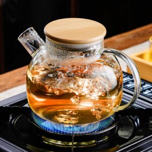 paracity glass teapot stovetop 20 oz/600ml, borosilicate clear tea kettle with bamboo lid, glass tea pot with removable filter spout, teapot blooming and loose leaf tea maker tea brewer for camping