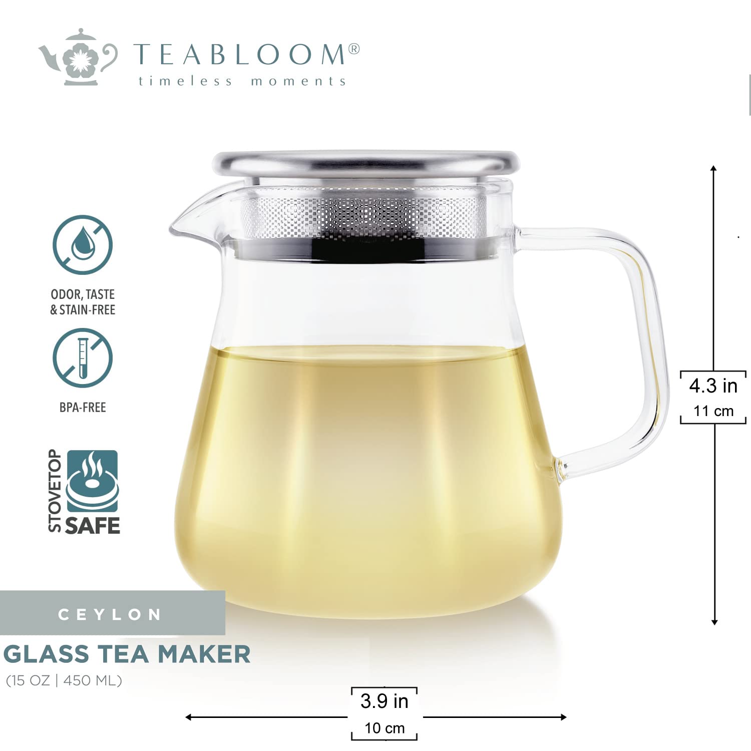 Teabloom One-Touch Tea Maker, 2-in-1 Teapot and Kettle with Stainless Steel Filter Lid for Loose Tea – Stain-free Borosilicate Glass Tea Pot (15 Oz) – Tea Connoisseur's Choice