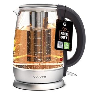 vianté electric glass tea kettle with removable infuser. hot tea infuser pot for loose leaf & bagged tea. bpa-free. stainless steel & borosilicate glass. led illuminated. 1.7 liters capacity.