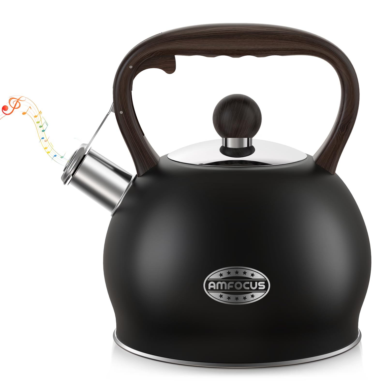 Tea Kettle Whistling Teapot for Stovetop - 2.64 Quart Food Grade Stainless Steel Tea Pot for Stove Top with Wood Pattern Handle, Loud Whistle Kettle for Tea, Coffee, Milk - Black