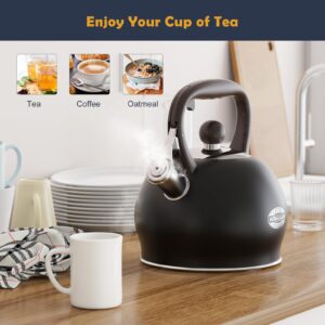 Tea Kettle Whistling Teapot for Stovetop - 2.64 Quart Food Grade Stainless Steel Tea Pot for Stove Top with Wood Pattern Handle, Loud Whistle Kettle for Tea, Coffee, Milk - Black