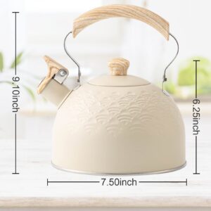 Whistling Tea Kettle Stainless Steel Tea Pots for Stove Top Stylish Kettle With Wood Pattern Anti-slip Handle,2.6 Quart, Beige