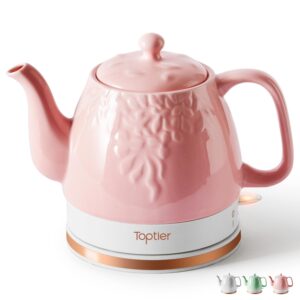 toptier electric ceramic tea kettle, boil water quickly and easily, detachable swivel base & boil dry protection, carefree auto shut off, 1 l (1 liter, light pink)