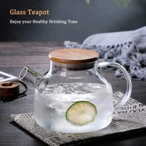 SITIEPA Glass Tea Pot Kettles Stovetop Safe, 33.8oz/1000ml Heatproof Borosilicate Glass Teapot Water Pitcher With Bamboo Lid and Removable Filter Spout for Loose Leaf and Blooming Tea