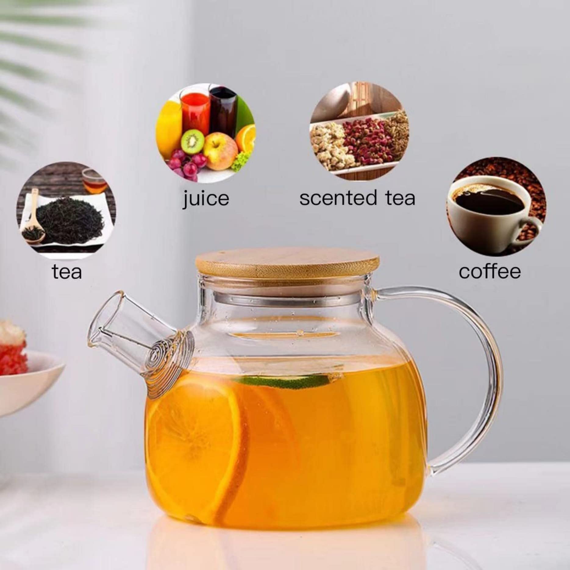 SITIEPA Glass Tea Pot Kettles Stovetop Safe, 33.8oz/1000ml Heatproof Borosilicate Glass Teapot Water Pitcher With Bamboo Lid and Removable Filter Spout for Loose Leaf and Blooming Tea
