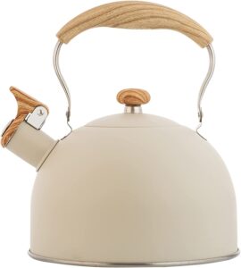 tea kettle, 2.6 quart/2.5 liter whistling tea kettle, tea pots for stove top food grade stainless steel with wood pattern folding handle - creamy white