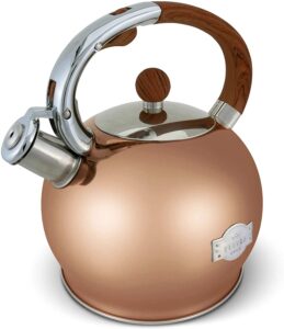 elitra home stove top whistling fancy tea kettle stainless steel tea pot with ergonomic handle 2.7 quart / 2.6 liter (rose gold)