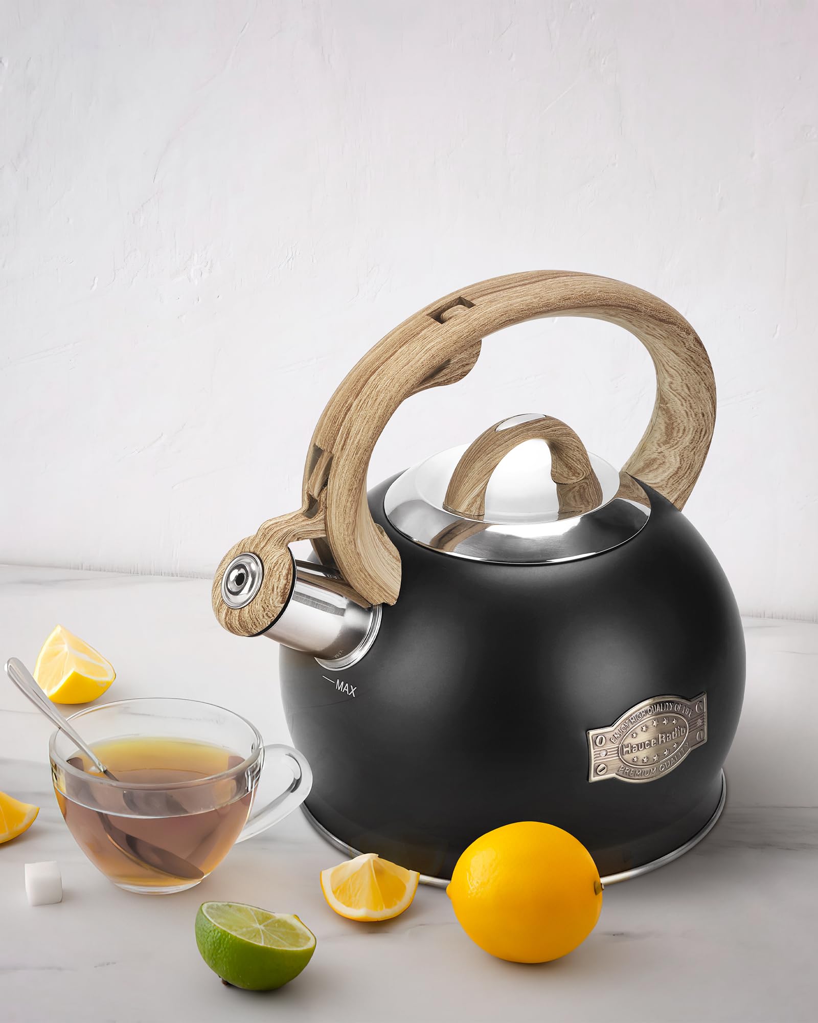 Hauce Radio Tea Kettle Stovetop, Black Tea Kettles-2.1 Quart Loud Whistle Stovetop Teapot,Food Grade Stainless Steel with Wood Pattern Handle, Unique Button Control Kettle Outlet for Tea, Coffee