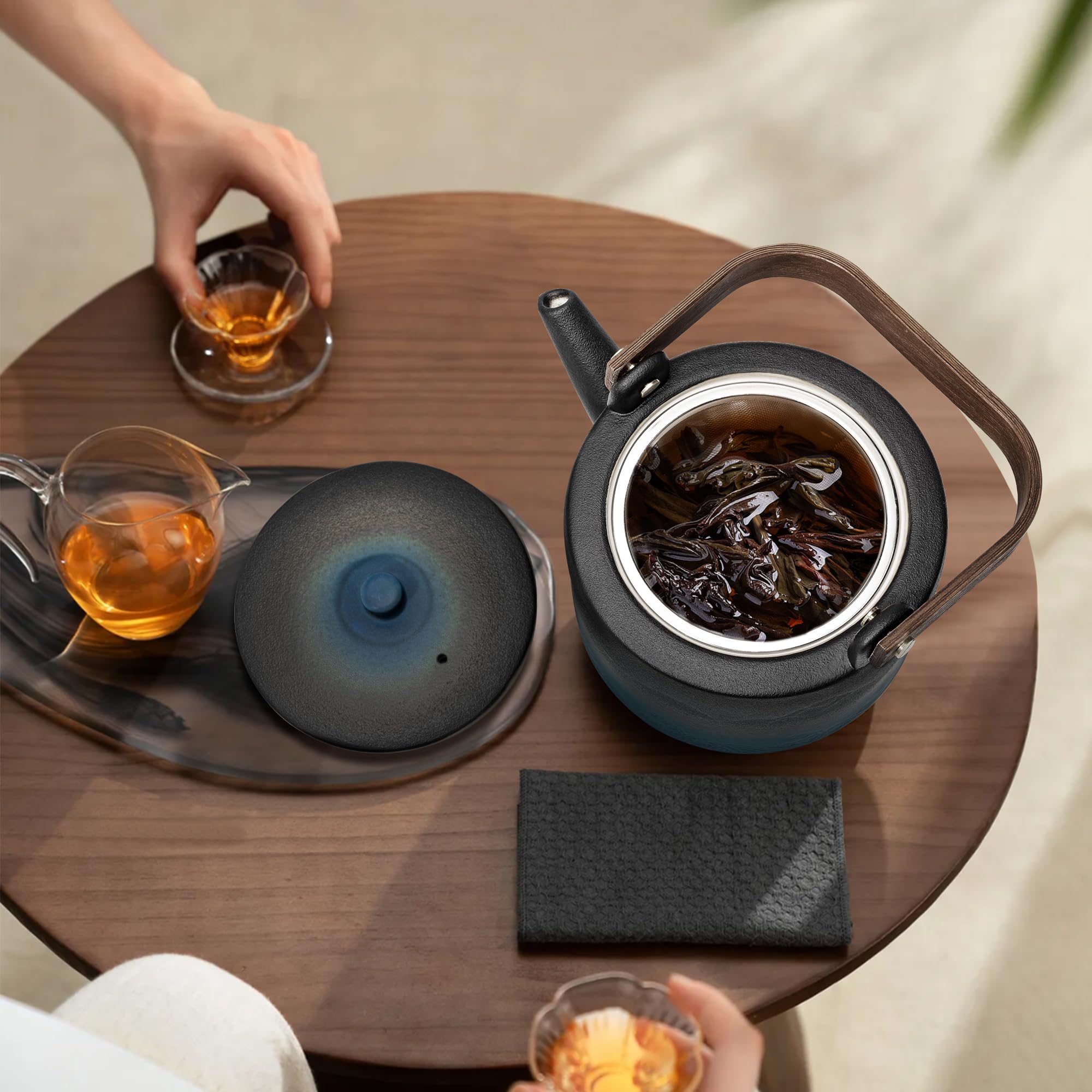 suyika Ceramic Teapot with Bamboo handle Removable Infuser for Flower and Loose Tea, 750ml/25.3oz Black Cyan