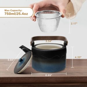 suyika Ceramic Teapot with Bamboo handle Removable Infuser for Flower and Loose Tea, 750ml/25.3oz Black Cyan