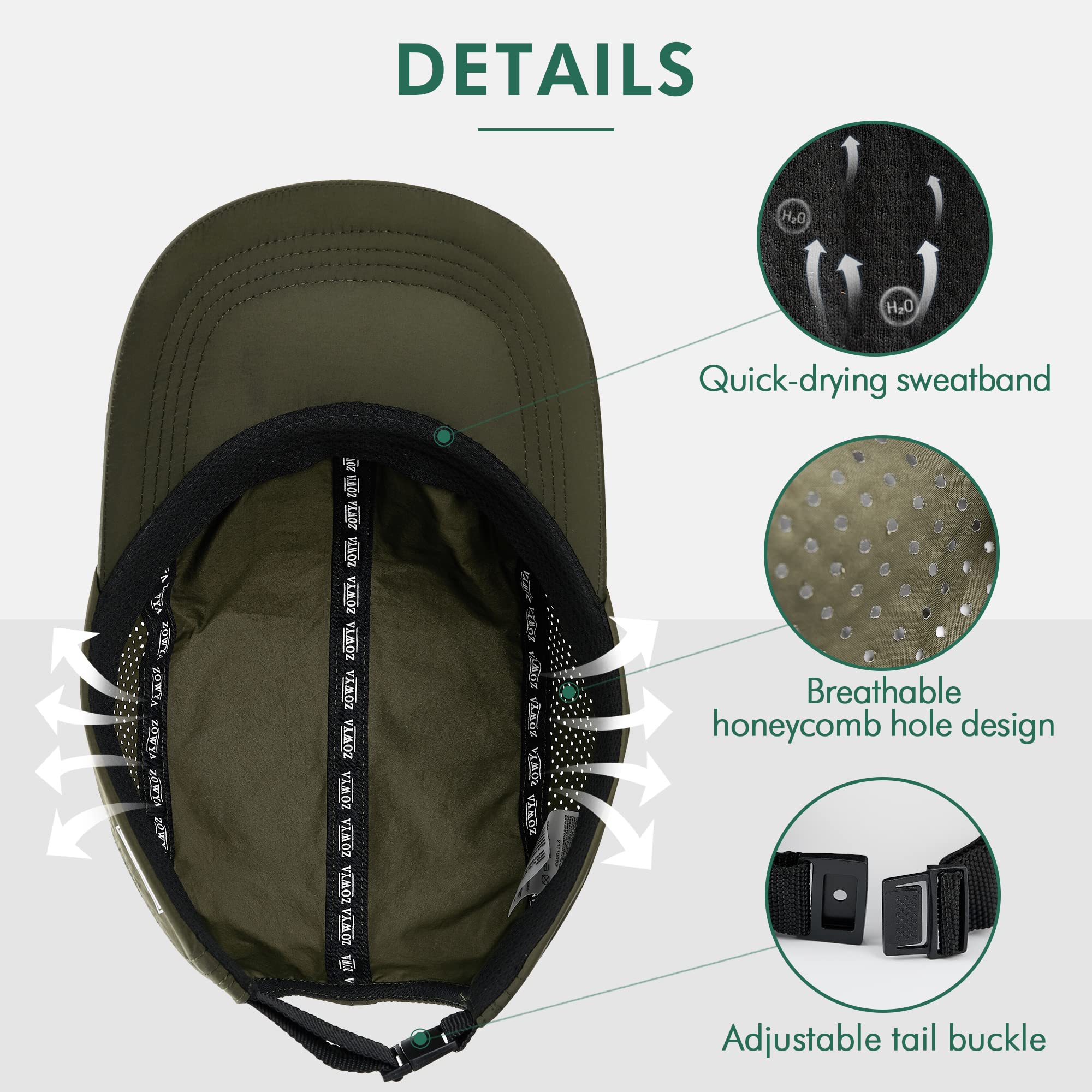 zowya Cool Sun Hat Outdoor Sport Cap Breathable Quick Drying Waterproof Unstructured Running Climbing for Men Women Olive, Light Thin Soft Night Reflection