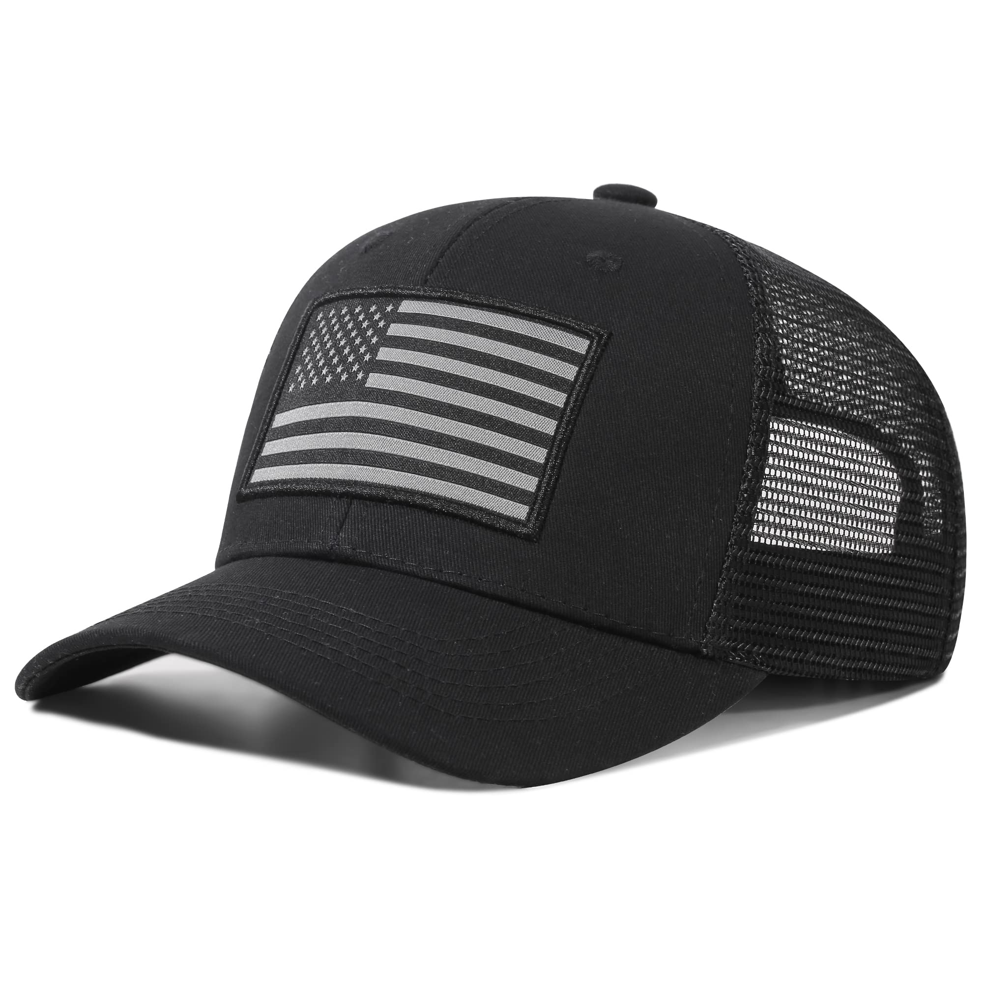 SIBOSHA American Flag Trucker Hat - Baseball Cap for Men & Women, Breathable Mesh, Adjustable Snapback Closure Black/Black