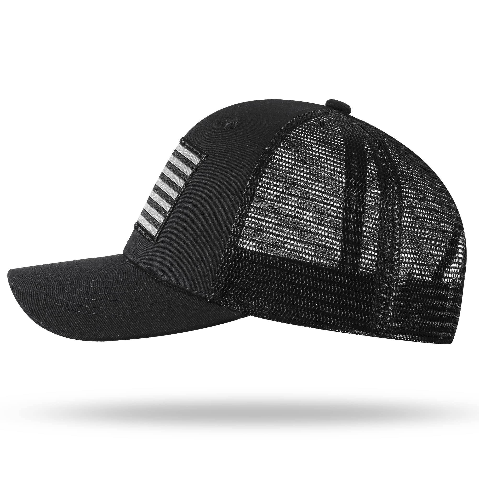 SIBOSHA American Flag Trucker Hat - Baseball Cap for Men & Women, Breathable Mesh, Adjustable Snapback Closure Black/Black