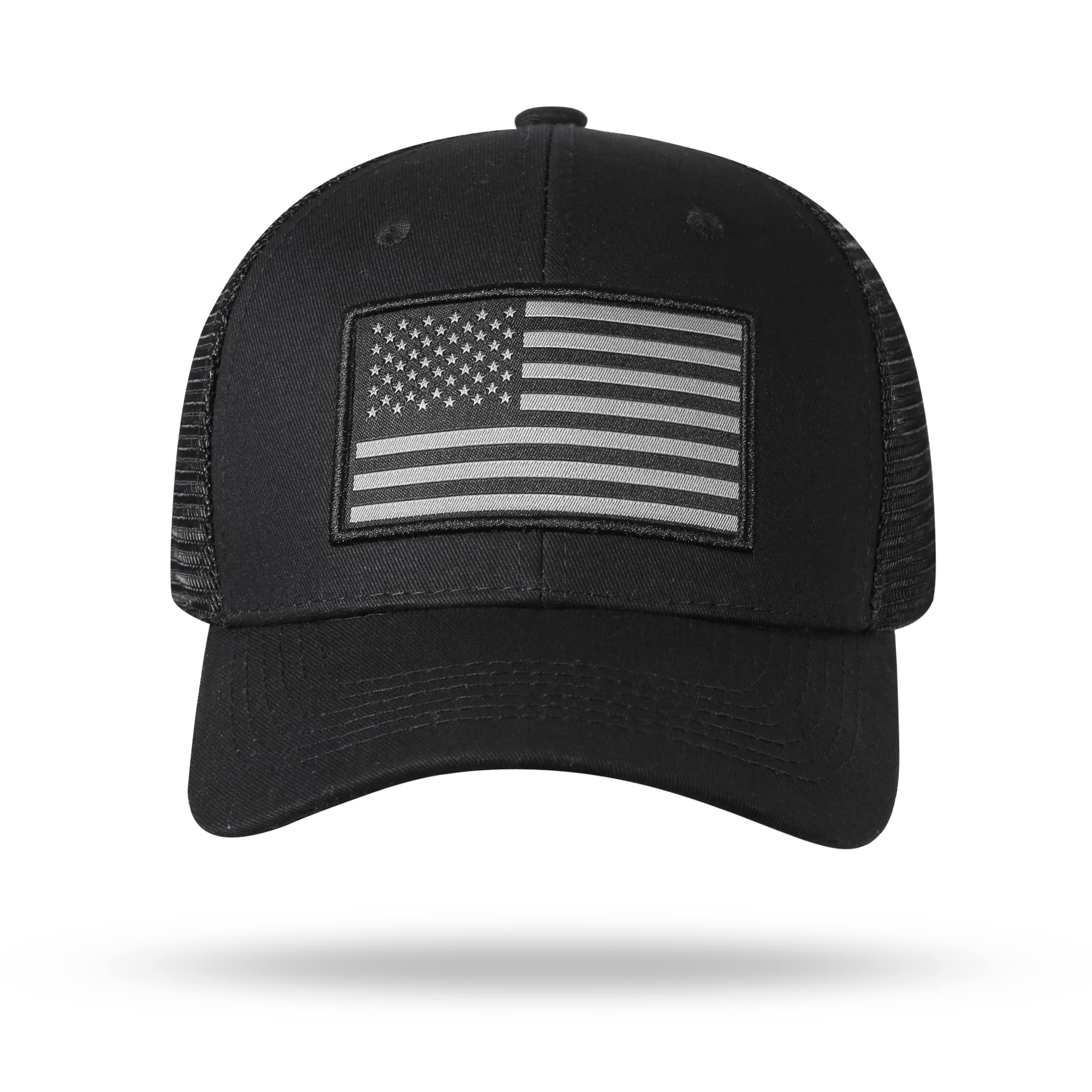 SIBOSHA American Flag Trucker Hat - Baseball Cap for Men & Women, Breathable Mesh, Adjustable Snapback Closure Black/Black