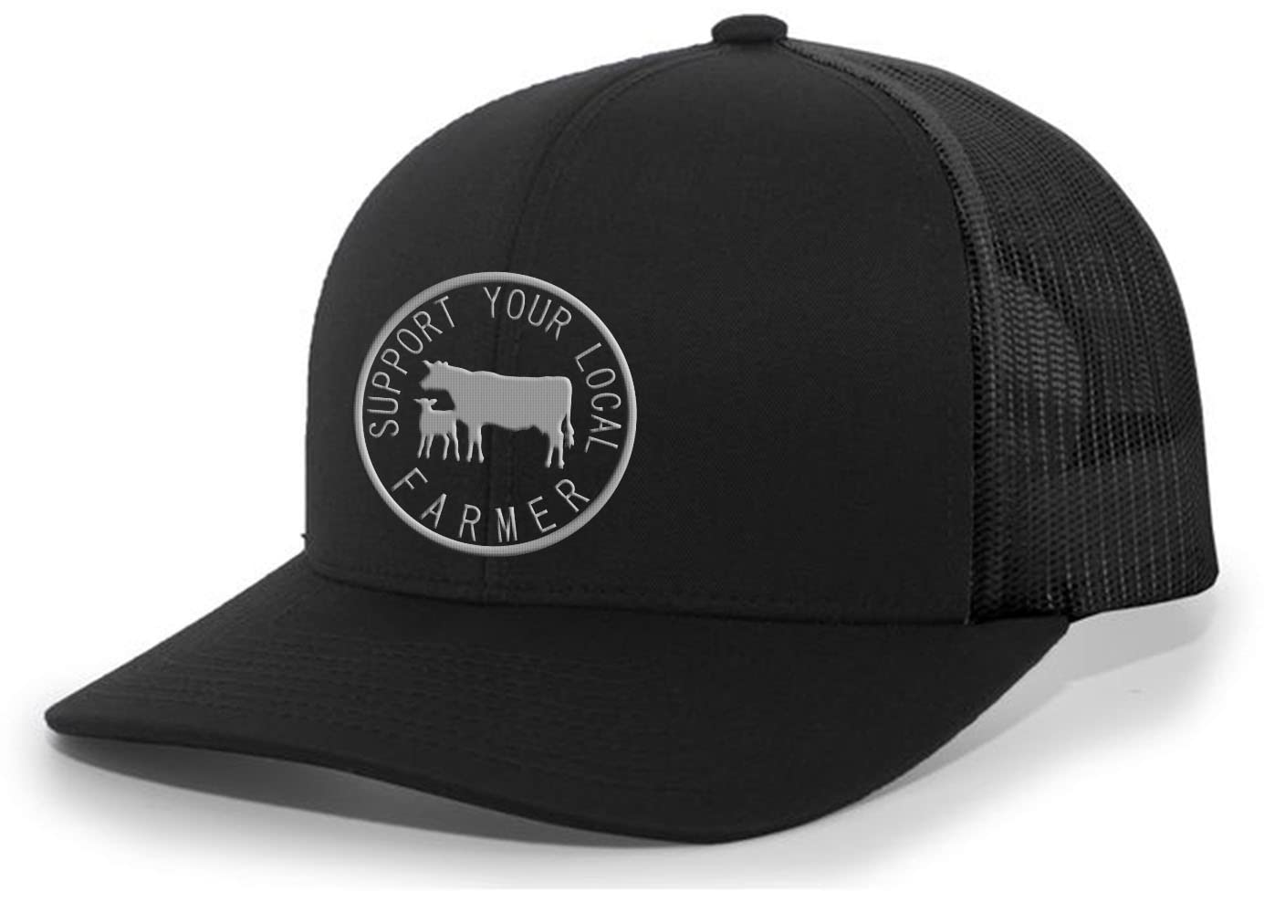 Trenz Shirt Company Support Your Local Farmers Cattle Rancher Farm to Table Mens Embroidered Mesh Back Trucker Hat, Black/Black