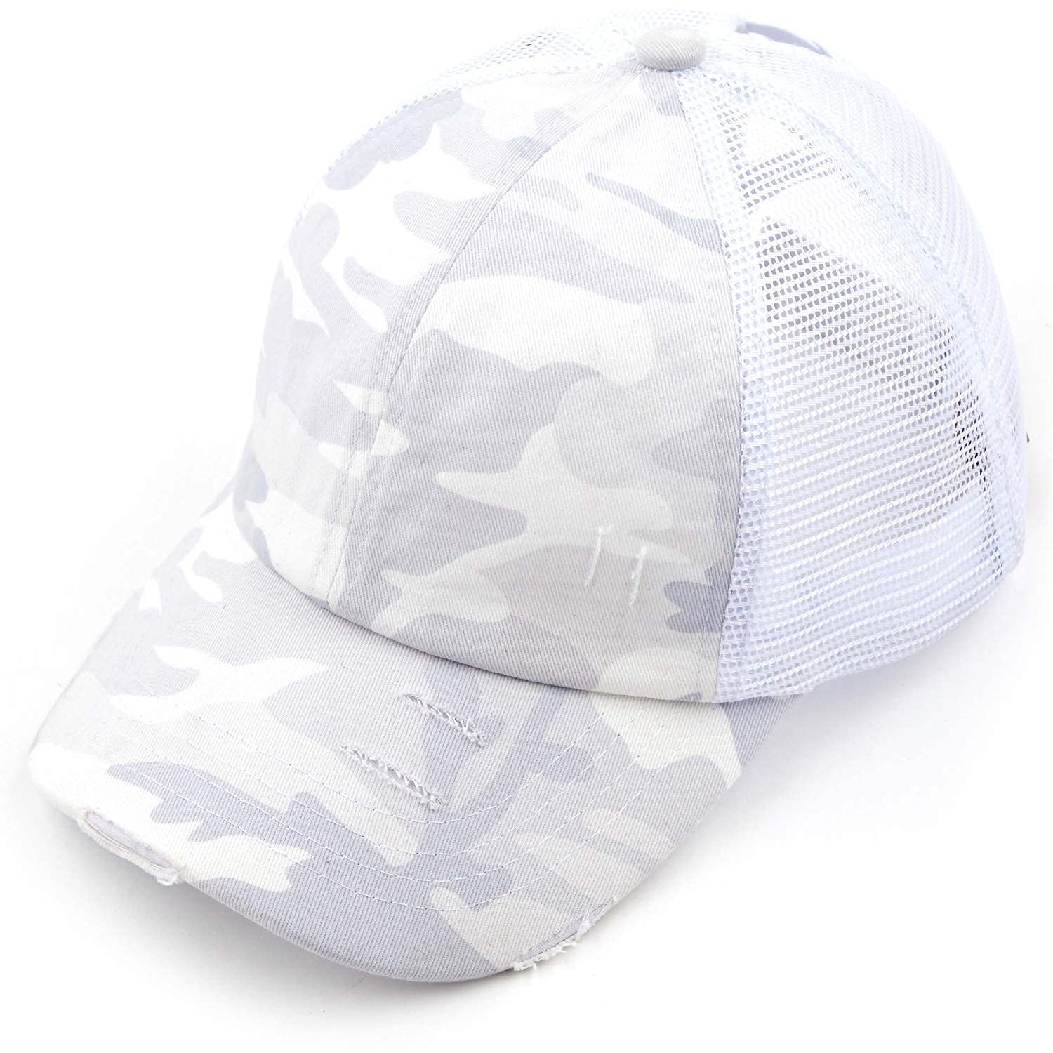 Funky Junque Criss Cross Hat Womens Baseball Cap Distressed Ponytail Messy Bun Trucker Ponycap (Camo White)