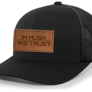 Heritage Pride in Musk We Trust Elon Laser Engraved Leather Patch Mesh Back Trucker Hat, Black/Black