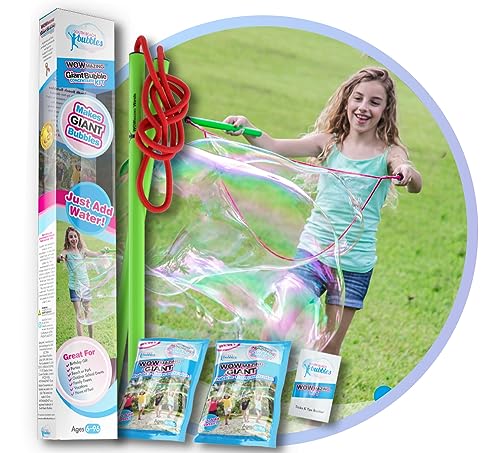 WOWMAZING Giant Bubble Wands Kit: (4-Piece Set) | Incl. Wand, Big Bubble Concentrate and Tips & Trick Booklet | Outdoor Toy for Kids, Boys, Girls | Bubbles Made in The USA