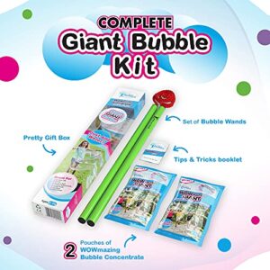 WOWMAZING Giant Bubble Wands Kit: (4-Piece Set) | Incl. Wand, Big Bubble Concentrate and Tips & Trick Booklet | Outdoor Toy for Kids, Boys, Girls | Bubbles Made in The USA