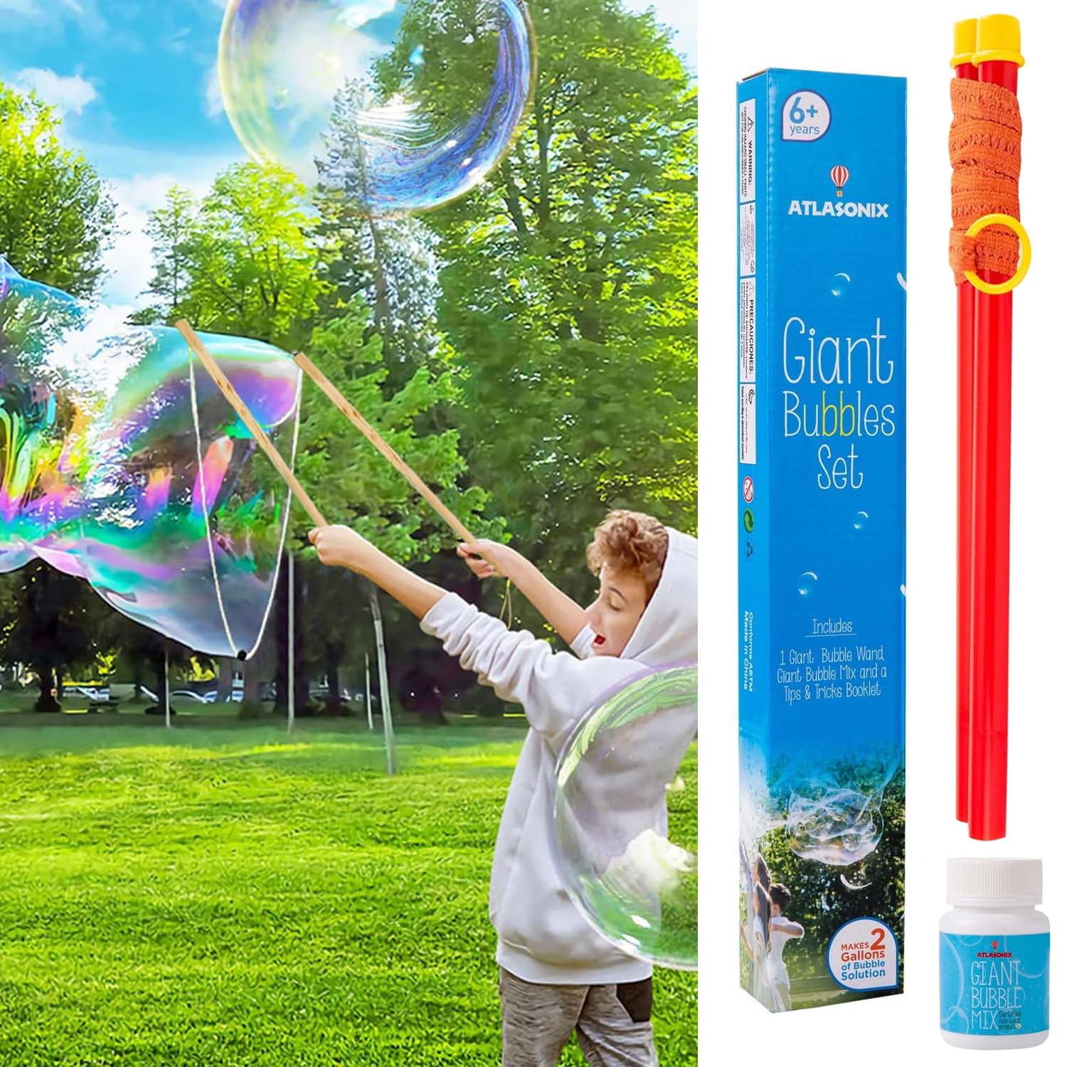 Atlasonix Giant Bubble Wand, Giant Bubble Maker, Big Bubble Wand, Large Bubble Wand, Bubble Sticks, Outdoor Toys for Kids, Bubble Kit, Wands & Bubble Mix for Making 2 Gallons of Bubble Solution