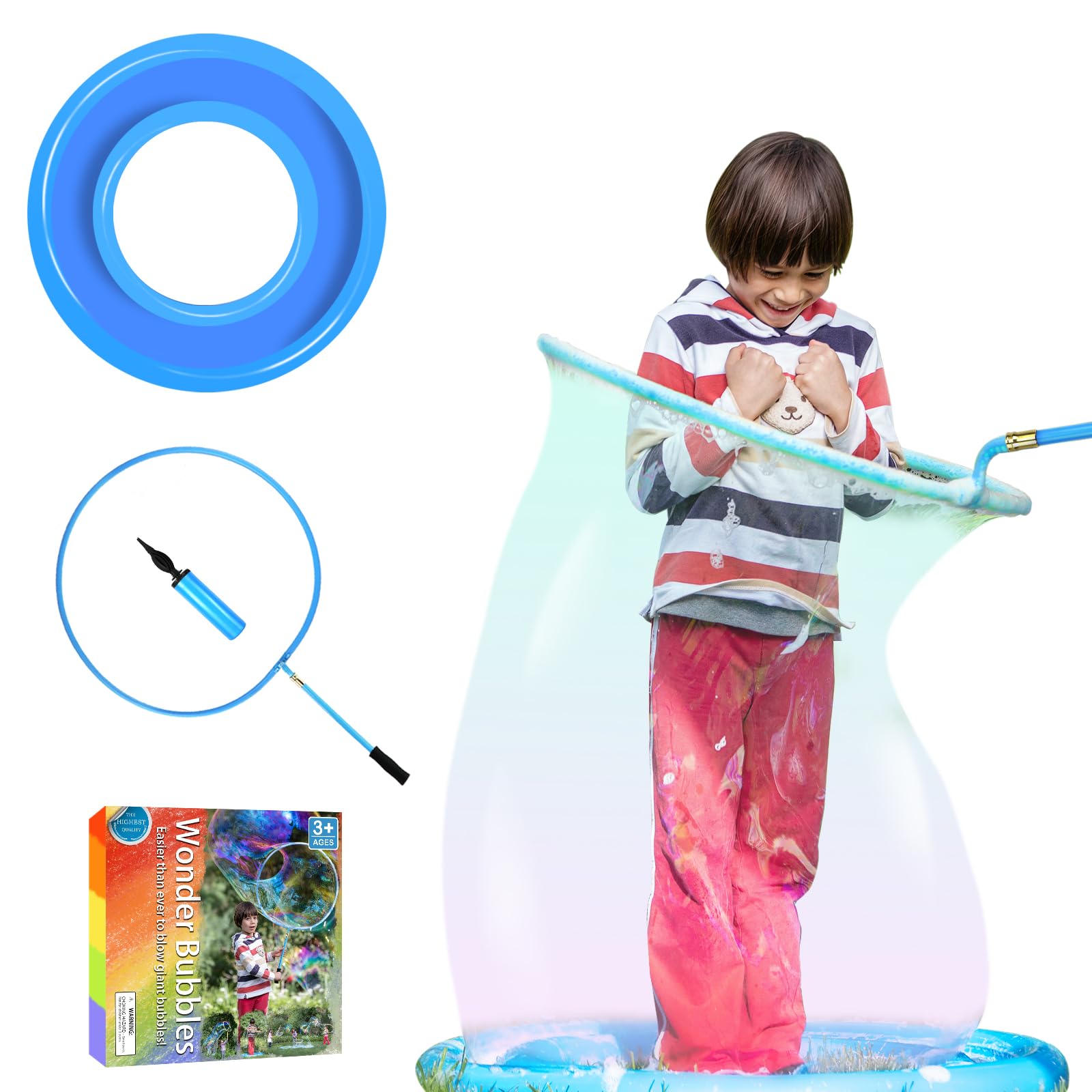 Kid in A Bubble Toy Giant Bubble Wand, Big Bubbles Maker Toy for Kids and Adults, Bubbles Hoop with Inflatable Dipping Pool Tray, Fun Outdoor Toys Playtime Activity Summer Toy, Bubble Show Party Game