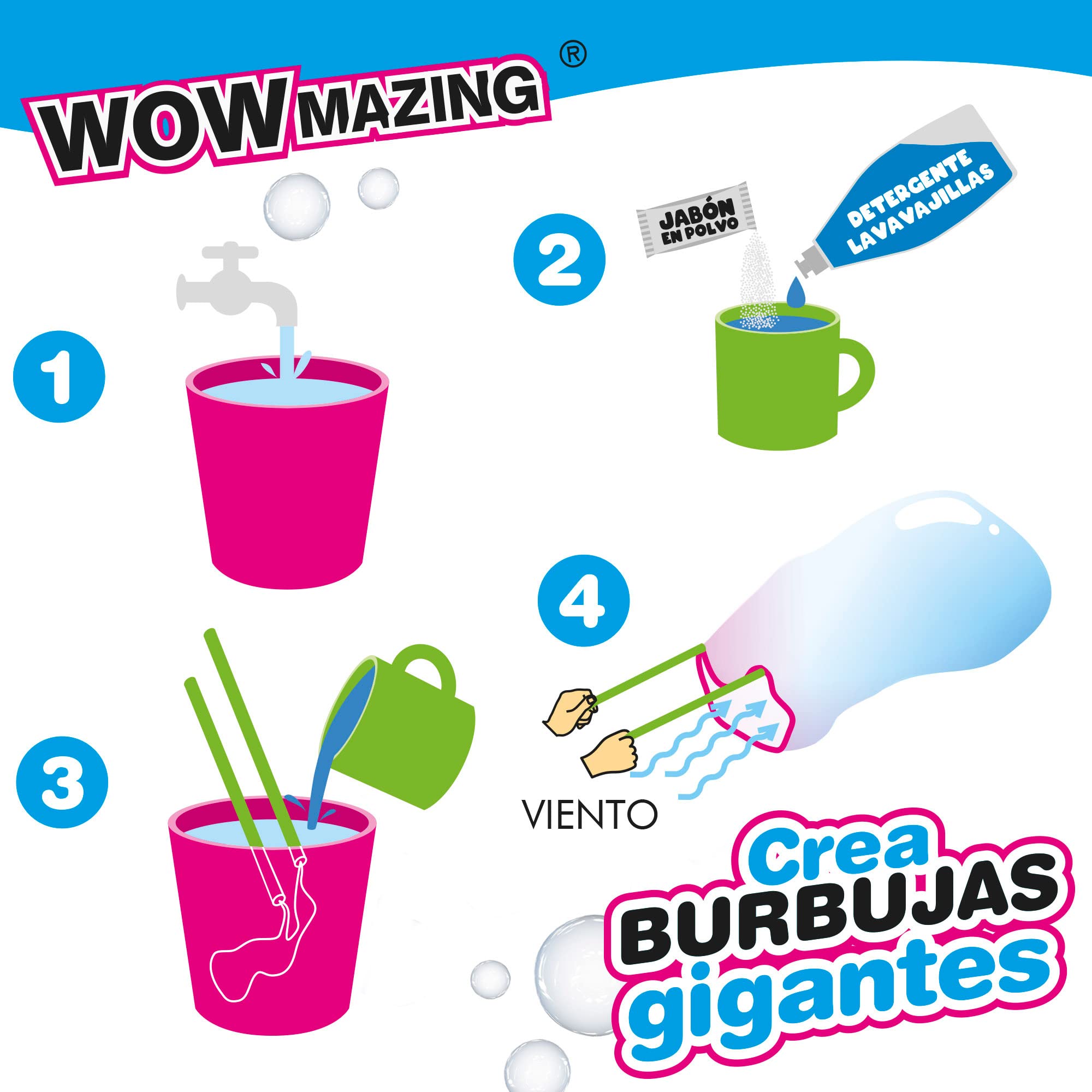 WOWmazing Giant Bubble Powder Kit: Include Large Bubble Wand and 3 Packet of Big Bubble Powder (Makes 3 Gallons) | Outdoor Toy for Kids, Boys, Girls | Powder Made in USA