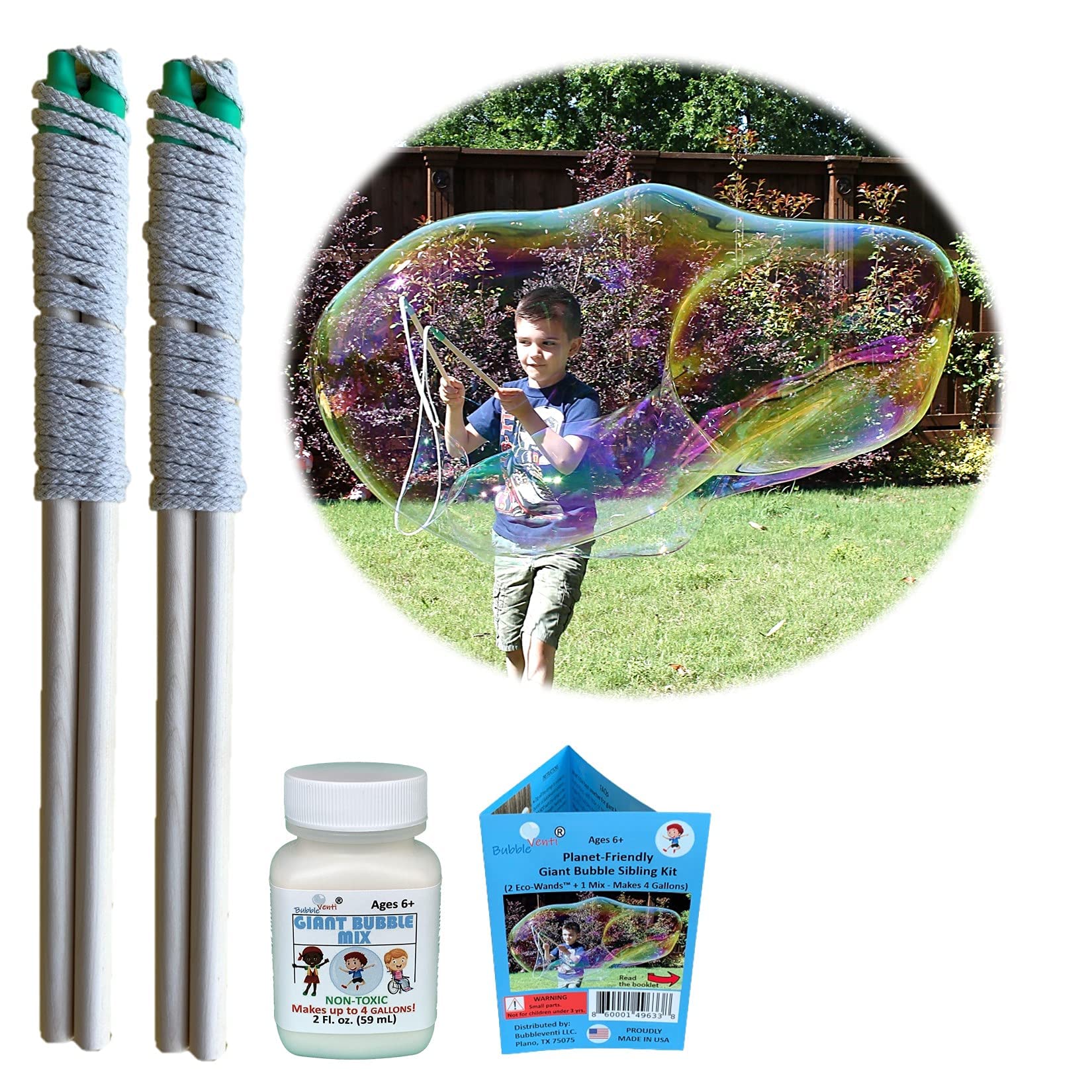 Bubbleventi Giant Bubble Kit | Made in USA | Includes 2 Wooden Wands, a Tips and Tricks Booklet, and 1 Bubble Mix - Makes 4 Gallons of Big Bubble Solution |Use atBirthdays andFamily Fun