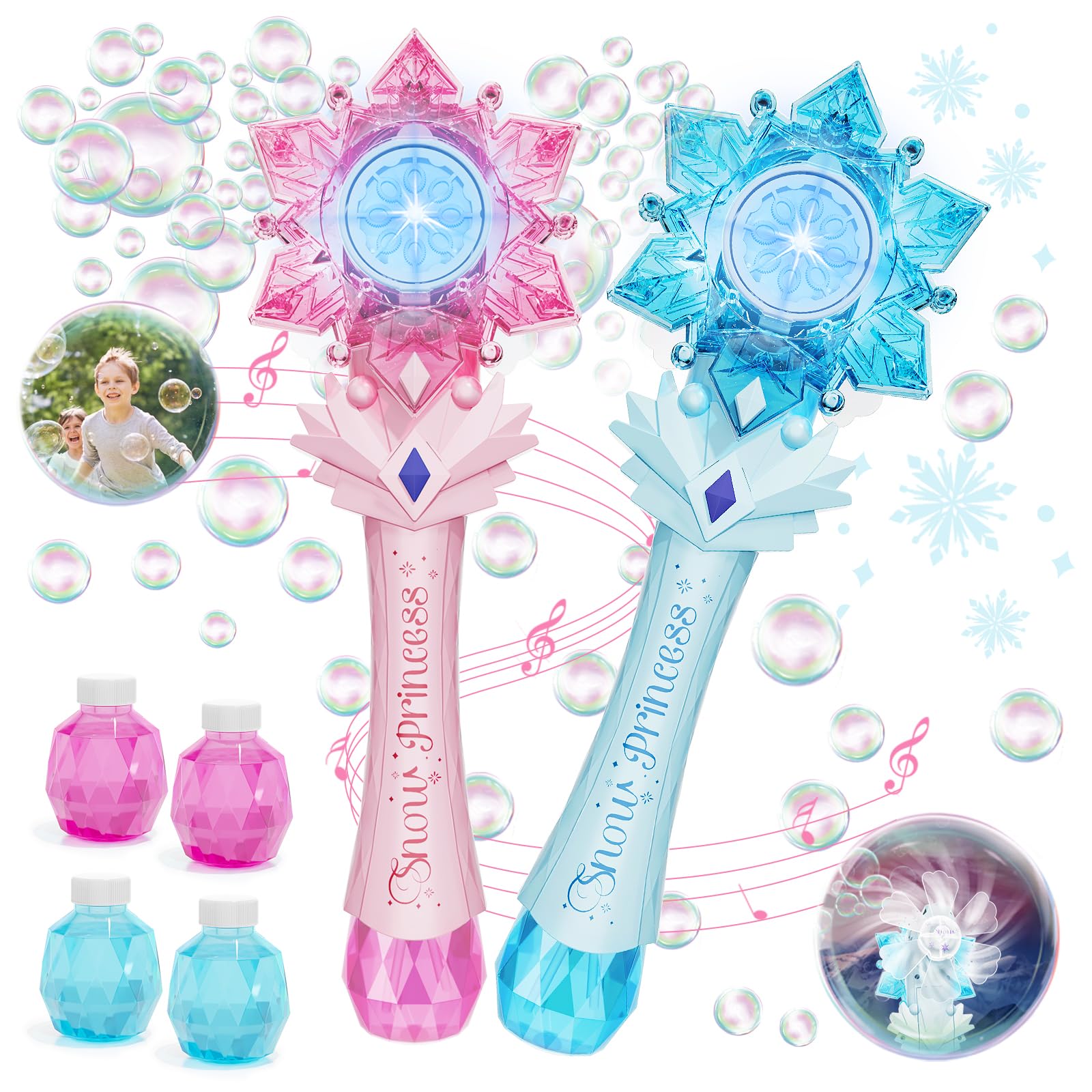 VATOS Bubble Wands 2 Packs for Kids, Automatic Bubble Blower Machine, Light & Music Snowflake Bubble Wand with 2 Windmill & 4 Bottles Bubble Solutions, Bubble Toy for Toddler Girl Boys Adult Party