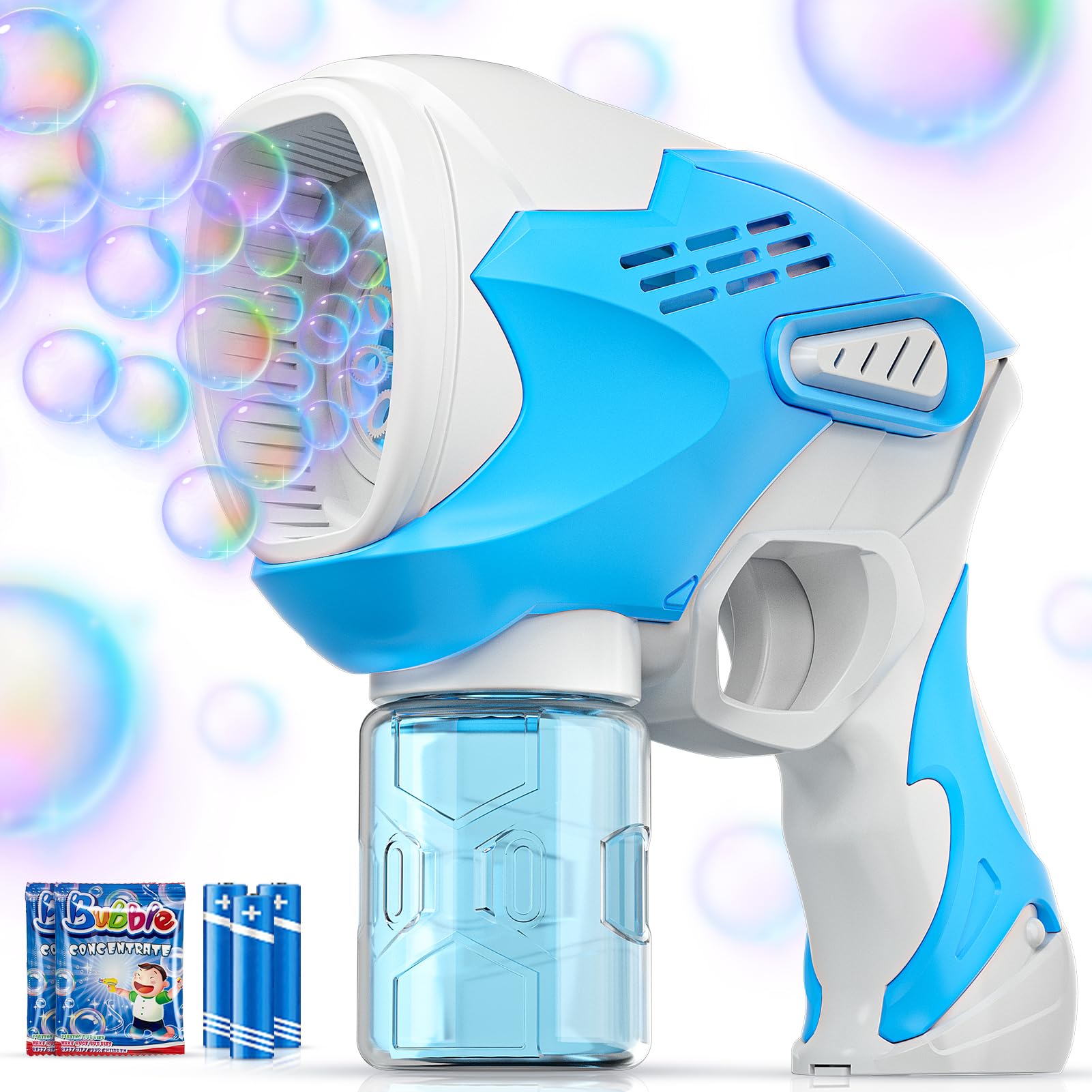 Boerfmo Bubble Gun - Bubble Machine for Kids - 8 Holes Bubbles Wands Blaster with LED Light, Bubble Solution & Batteries - Boys Toys Gifts for Ages 3+, for Outdoor Party, Easter Basket Stuffers