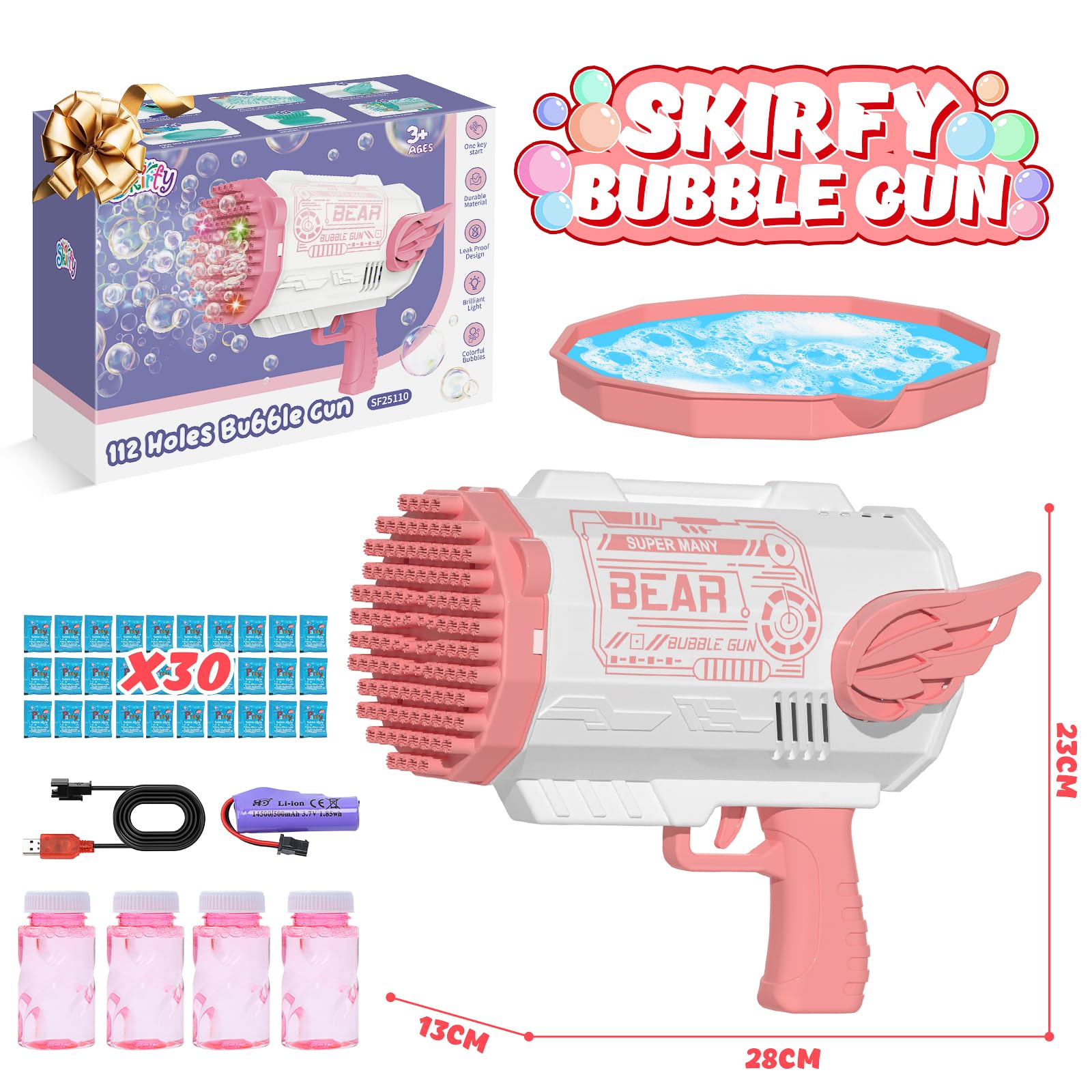 Skirfy Bubble Machine Gun,Easter Gfit Kids Toys 112 Holes Bubble Gun with Colorful Lights and 34 Pack Bubble Solution,Bubble Makers for Kids Age 4-8,Party Favors Outdoor Toys for Wedding Birthday Pets