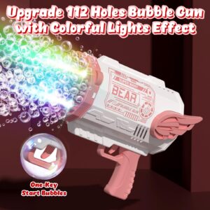 Skirfy Bubble Machine Gun,Easter Gfit Kids Toys 112 Holes Bubble Gun with Colorful Lights and 34 Pack Bubble Solution,Bubble Makers for Kids Age 4-8,Party Favors Outdoor Toys for Wedding Birthday Pets