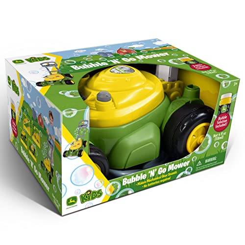 John Deere Bubble-N-Go Mower – Toy Lawn Mower with Bubble Solution | Green Automatic Bubble Machine | No Batteries Required – Sunny Days Entertainment,Green/Yellow