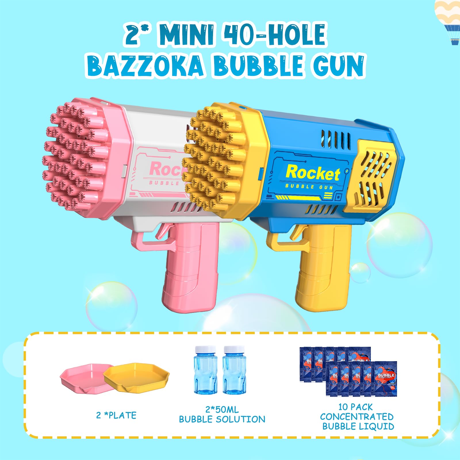 Bubble Machine 2 Pack Mini Bubble Gun for Toddlers, Bubble Maker Blower Toys with Lights,4000+ Bubbles Per Minute for Boys Girls Toddlers Outdoor Indoor Birthday Wedding Party (blue pink)