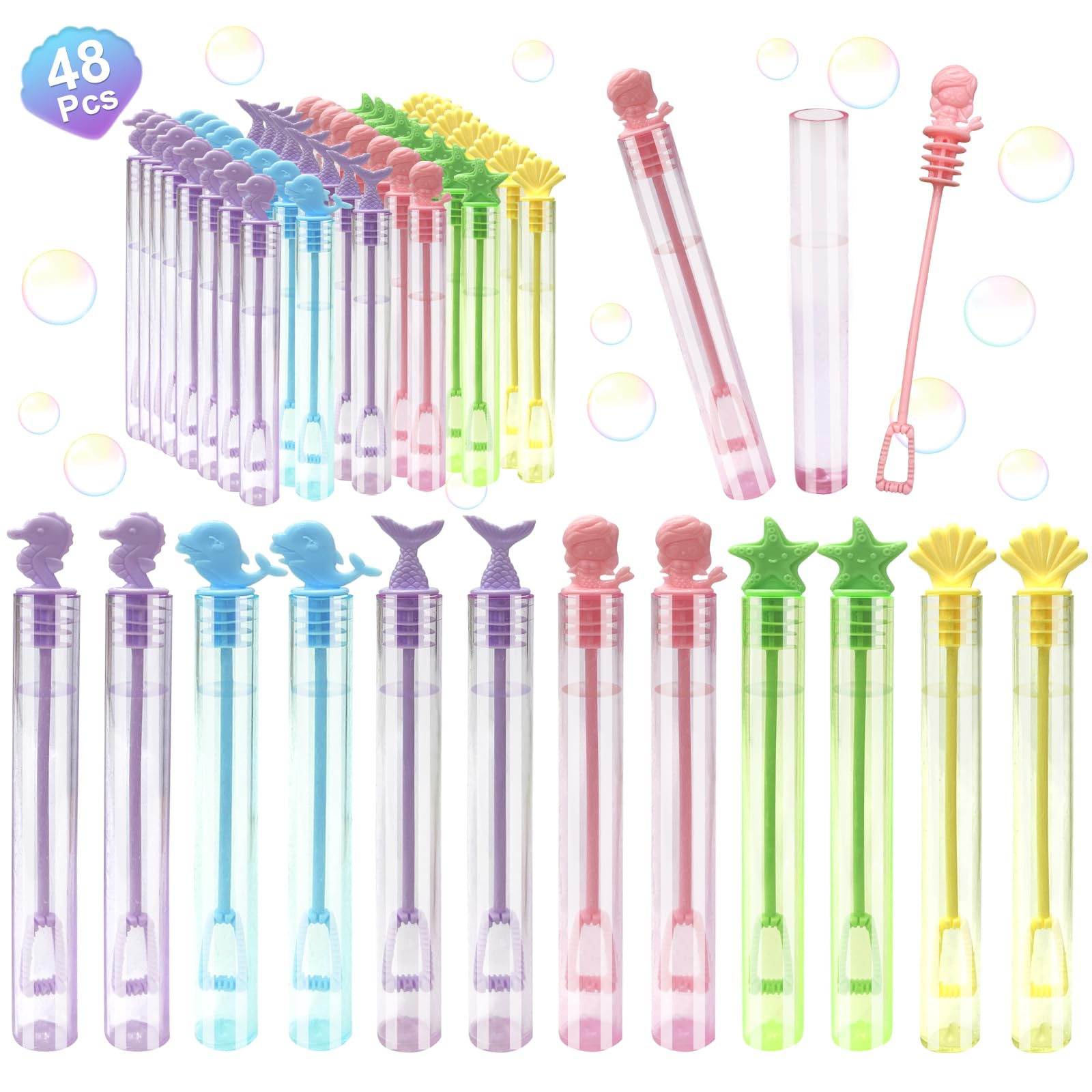 48Pcs Mini Bubble Wands Bubble Party Favors 6 Style Summer Outdoor Indoor Gifts Bubbles Bulk Birthday Thanksgiving Christmas Celebration Activities Supplies Decorations Toys for Kids Boys Girls