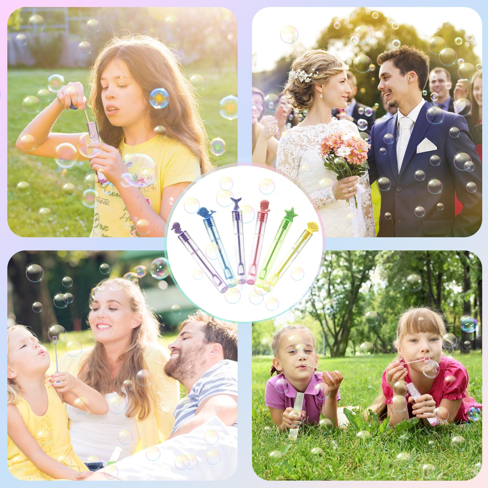 48Pcs Mini Bubble Wands Bubble Party Favors 6 Style Summer Outdoor Indoor Gifts Bubbles Bulk Birthday Thanksgiving Christmas Celebration Activities Supplies Decorations Toys for Kids Boys Girls