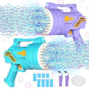 Winsenpro Bubble Gun,2-Pack 69 Holes Bubble Machine Gun with Light and 8 Bottles Bubbles Solution,Bubble Blower for Toddlers Summer Outdoor Toys Games Party Favors Gifts (LightBlue+Purple)