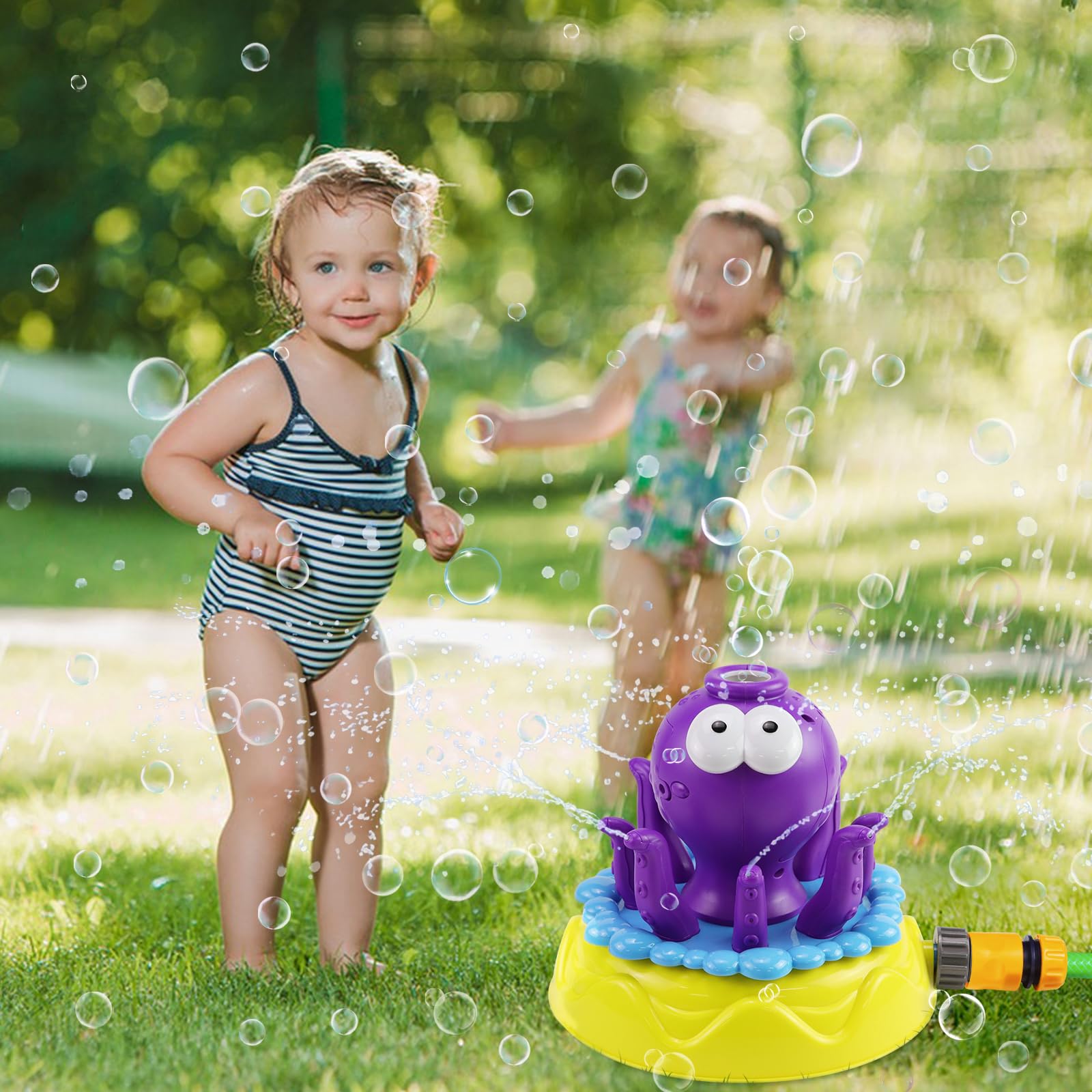 Bubble Machine Water Spray for Kids, 2 in 1 Octopus Automatic Bubble Blower with Sprinkler, Summer Water Spray Bubble Toys for Indoor Outdoor Birthday Wedding Party