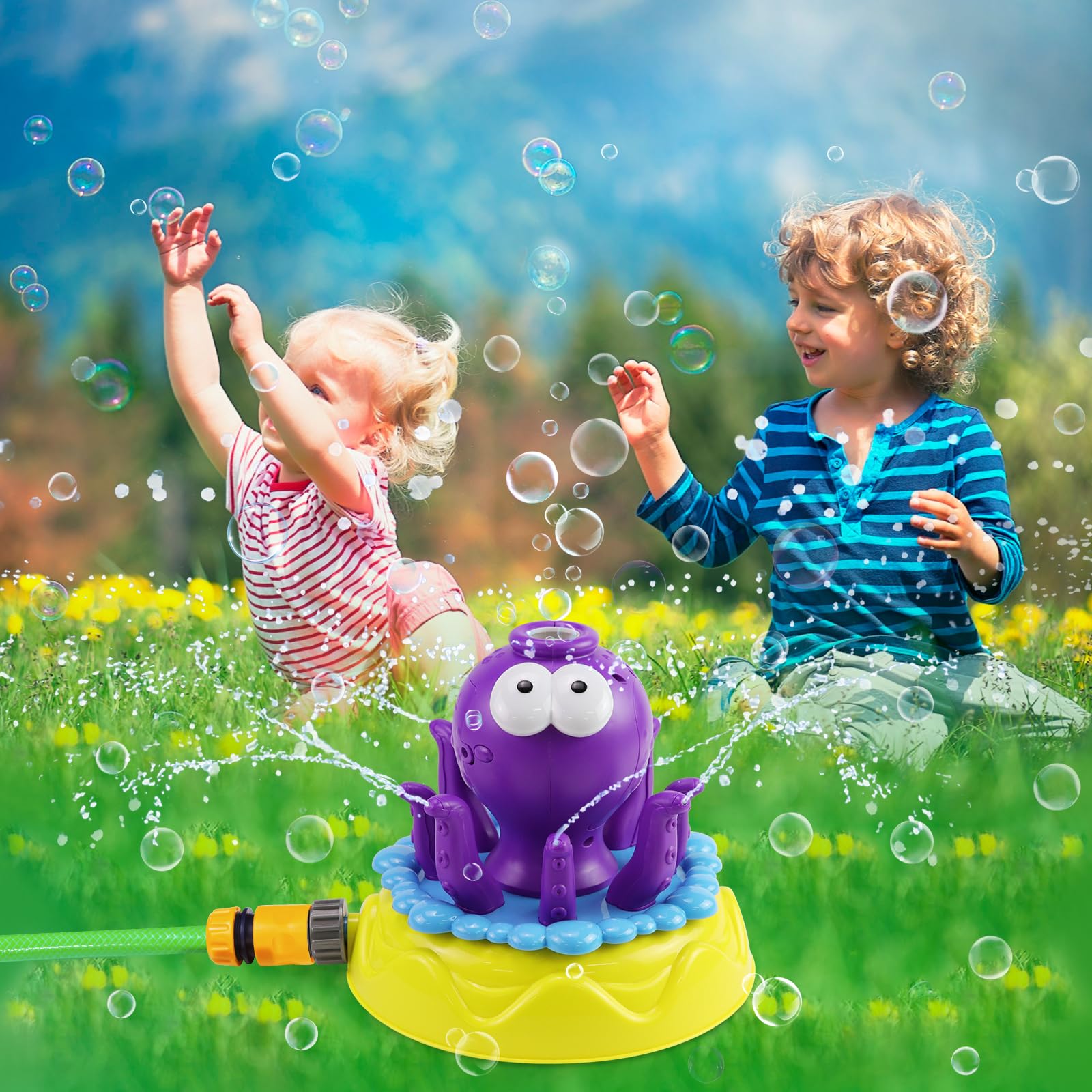 Bubble Machine Water Spray for Kids, 2 in 1 Octopus Automatic Bubble Blower with Sprinkler, Summer Water Spray Bubble Toys for Indoor Outdoor Birthday Wedding Party