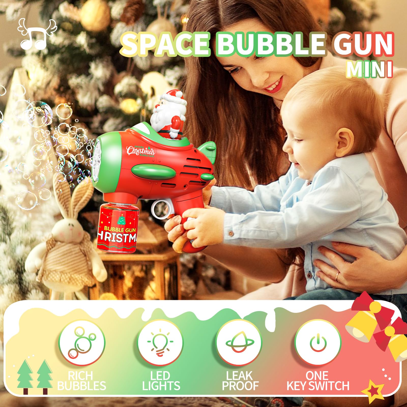 Christmas Bubble Gun for Kids, Bubble Machine Gun for Kids with Blue Lights, Automatic Bubble Maker with One Bubble Solutions Bottles,Bazooko Bubble Gun for Summer Pool Toys Bubbles Blower for Party